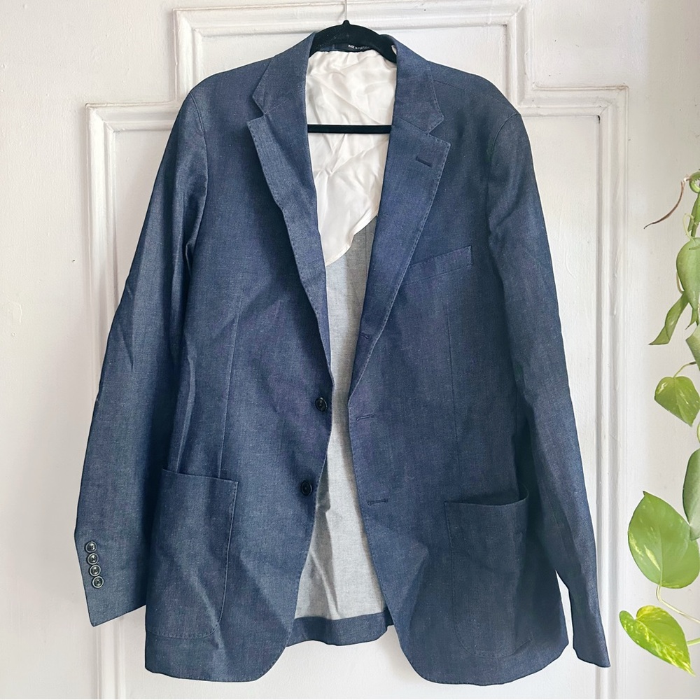 Todd Snyder Dusty Blue chambray Blazer with White Accents made in Portugal men’s